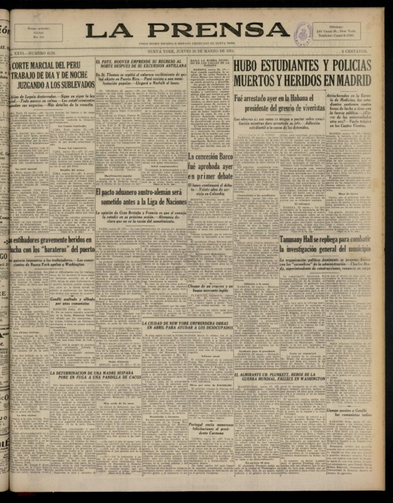Miniatura de La Prensa: único diario español e hispano americano en Nueva YorkNew York, de 26 de marzo de 1931, nº 4119