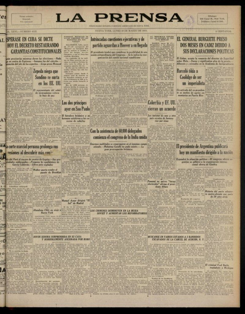Miniatura de La Prensa: único diario español e hispano americano en Nueva YorkNew York, de 30 de marzo de 1931, nº 4122