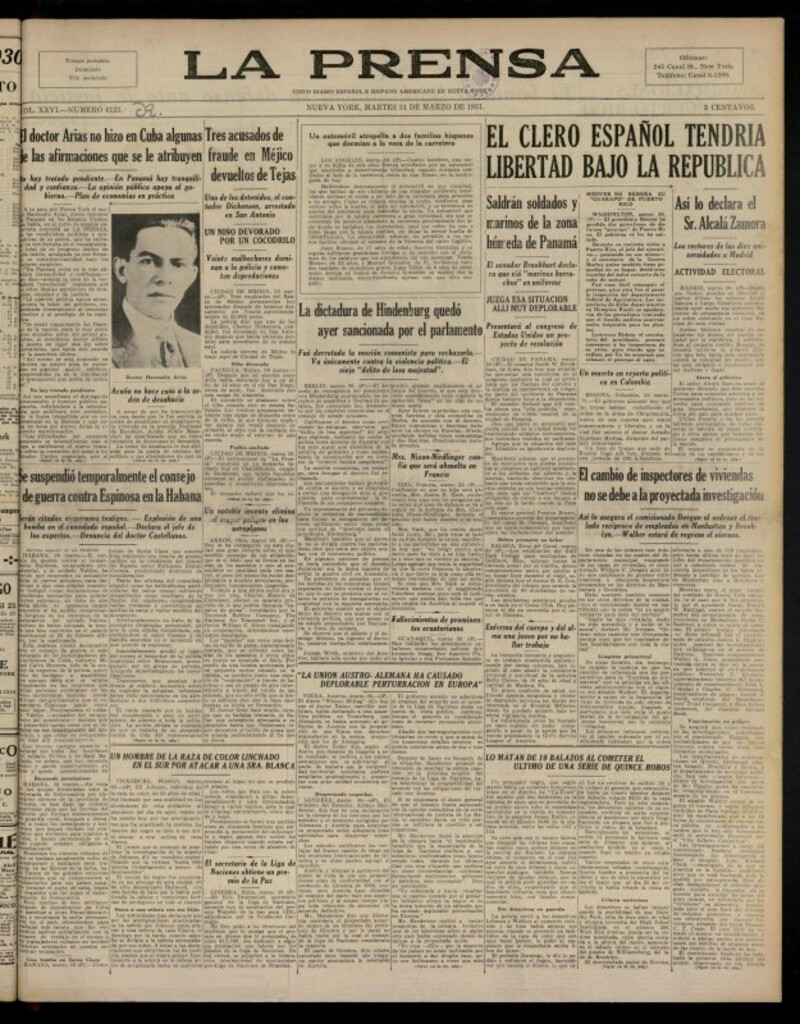 Miniatura de La Prensa: único diario español e hispano americano en Nueva YorkNew York, de 31 de marzo de 1931, nº 4123