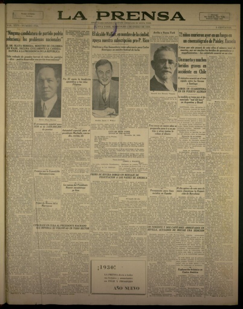 Miniatura de La Prensa: único diario español e hispano americano en Nueva York del 1 de enero de 1930, nº 3734