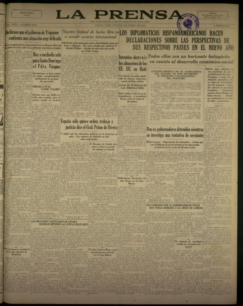 Miniatura de La Prensa: único diario español e hispano americano en Nueva York del 2 de enero de 1930, nº 3735