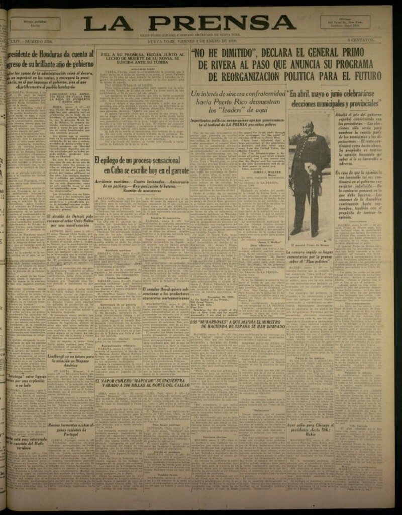 Miniatura de La Prensa: único diario español e hispano americano en Nueva York del 3 de enero de 1930, nº 3736