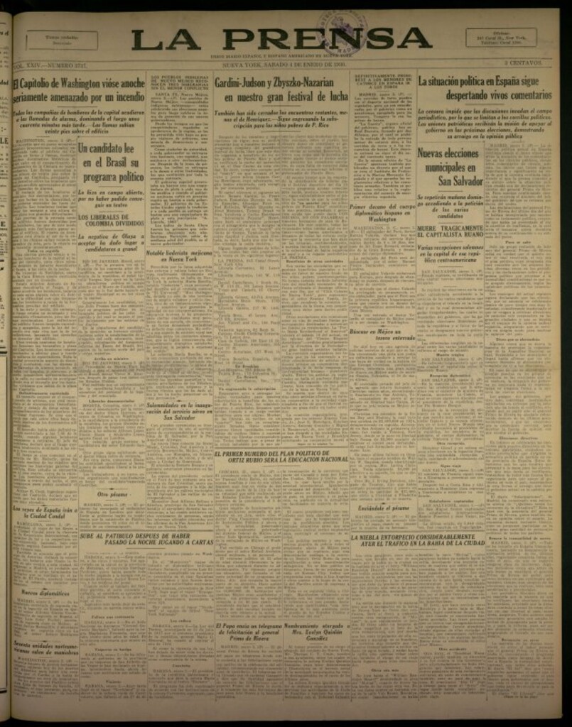 Miniatura de La Prensa: único diario español e hispano americano en Nueva York del 4 de enero de 1930, nº 3737