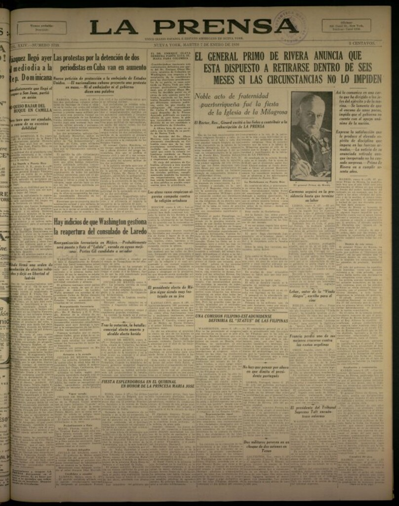 Miniatura de La Prensa: único diario español e hispano americano en Nueva York del 7 de enero de 1930, nº 3739