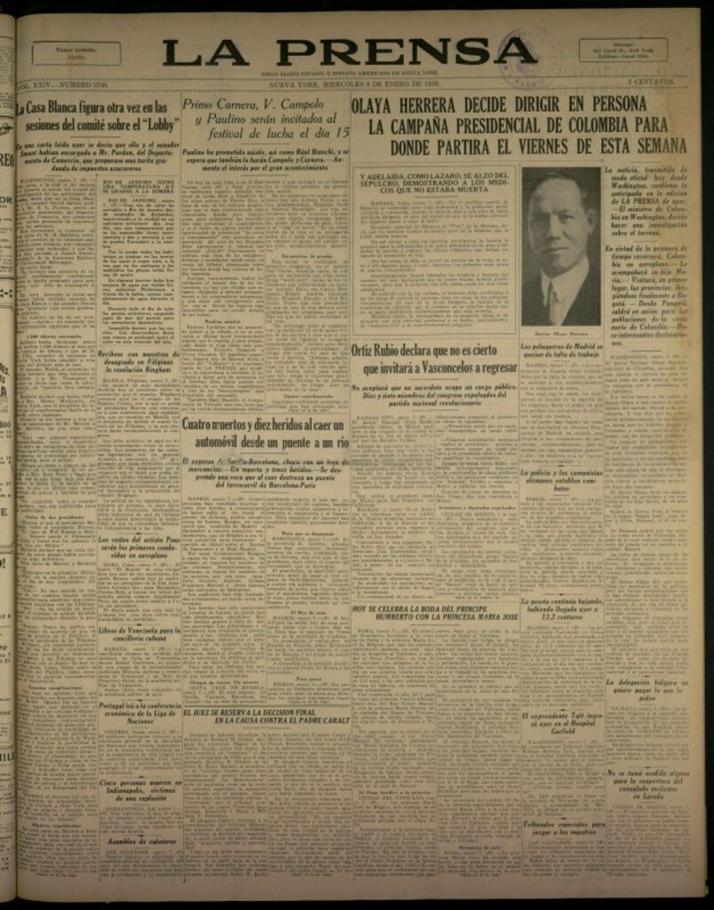 Miniatura de La Prensa: único diario español e hispano americano en Nueva York del 8 de enero de 1930, nº 3740