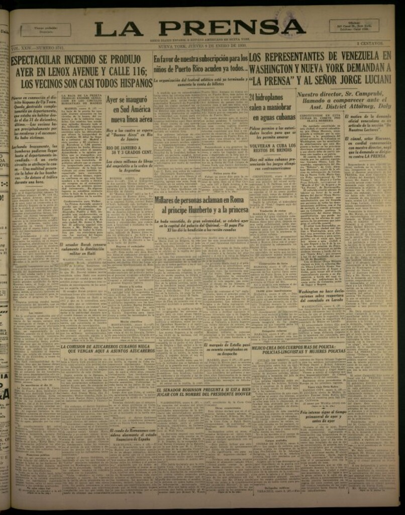 Miniatura de La Prensa: único diario español e hispano americano en Nueva York del 9 de enero de 1930, nº 3741