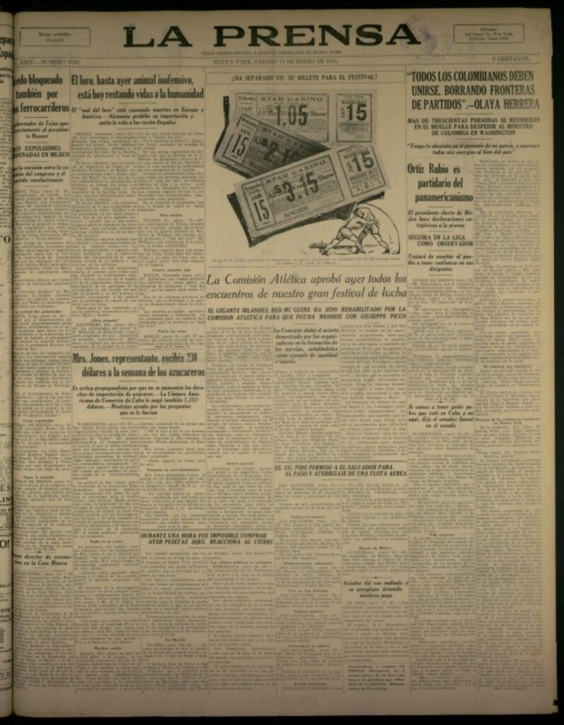 Miniatura de La Prensa: único diario español e hispano americano en Nueva York del 11 de enero de 1930, nº 3743
