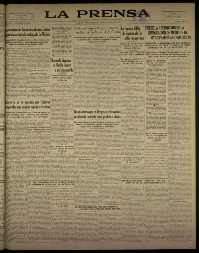 Miniatura de La Prensa: único diario español e hispano americano en Nueva York del 14 de enero de 1930, nº 3745