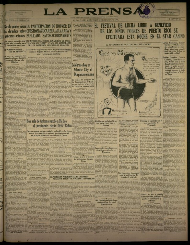 Miniatura de La Prensa: único diario español e hispano americano en Nueva York del 15 de enero de 1930, nº 3746