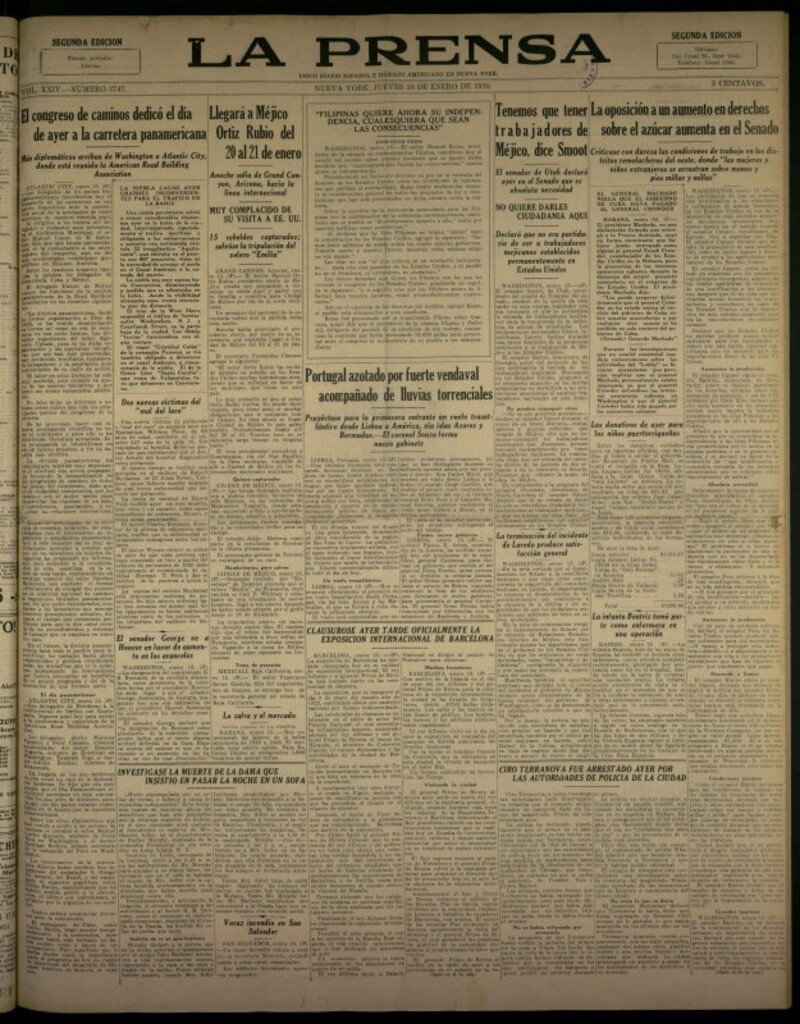 Miniatura de La Prensa: único diario español e hispano americano en Nueva York del 16 de enero de 1930, nº 3747