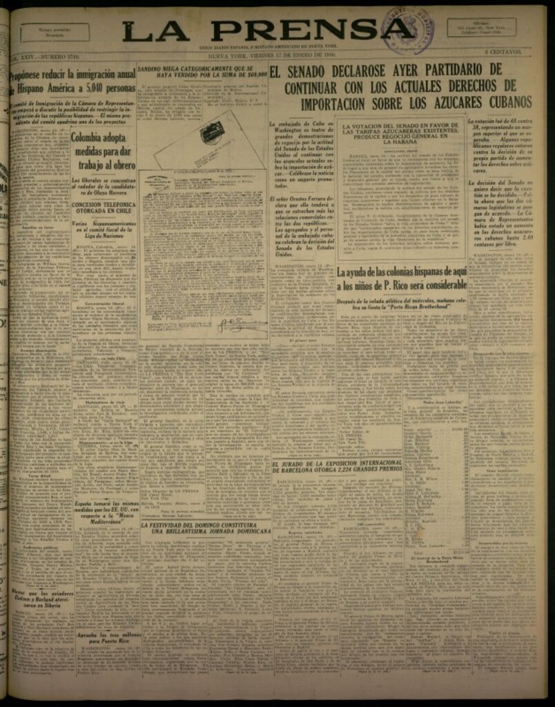 Miniatura de La Prensa: único diario español e hispano americano en Nueva York del 17 de enero de 1930, nº 3748