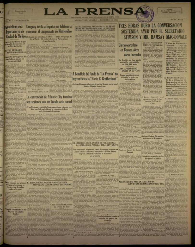 Miniatura de La Prensa: único diario español e hispano americano en Nueva York del 18 de enero de 1930, nº 3749