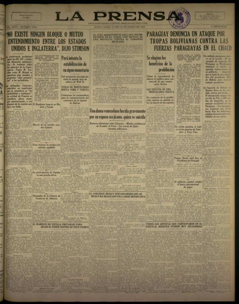 Miniatura de La Prensa: único diario español e hispano americano en Nueva YorkNew York, de 20 de enero de 1930, nº 3750