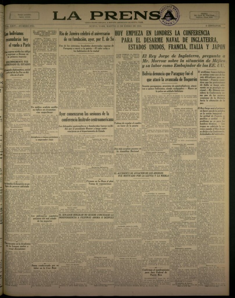 Miniatura de La Prensa: único diario español e hispano americano en Nueva York del 21 de enero de 1930, nº 3751