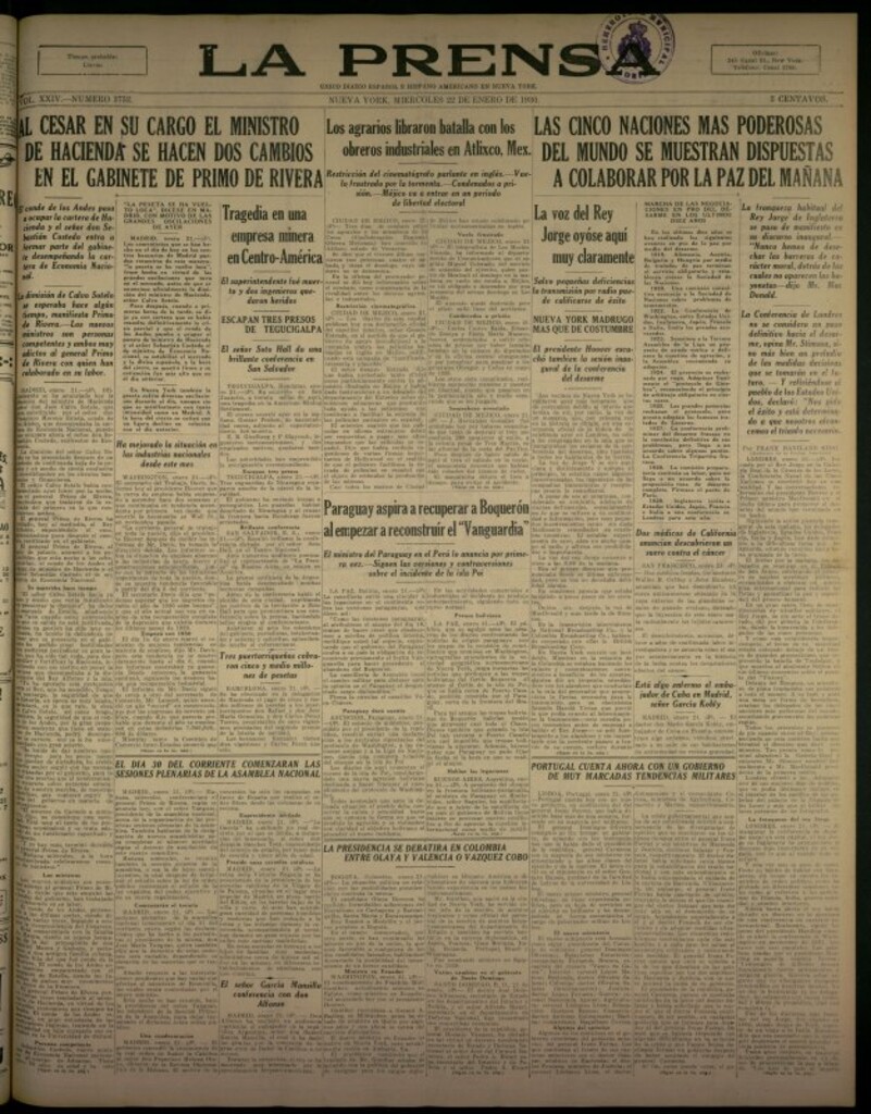Miniatura de La Prensa: único diario español e hispano americano en Nueva York del 22 de enero de 1930, nº 3752