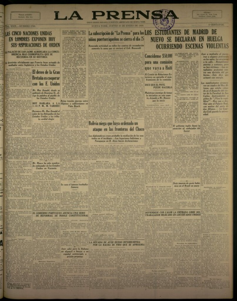 Miniatura de La Prensa: único diario español e hispano americano en Nueva York del 23 de enero de 1930, nº 3753