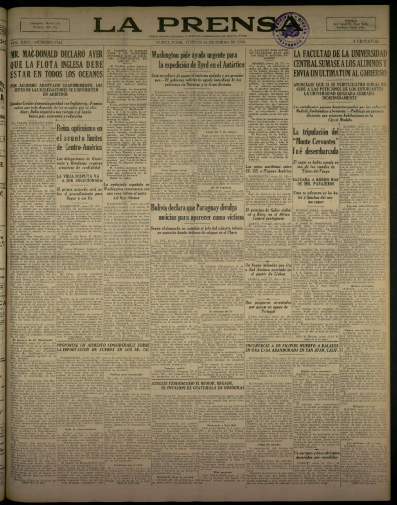 Miniatura de La Prensa: único diario español e hispano americano en Nueva York del 24 de enero de 1930, nº 3754