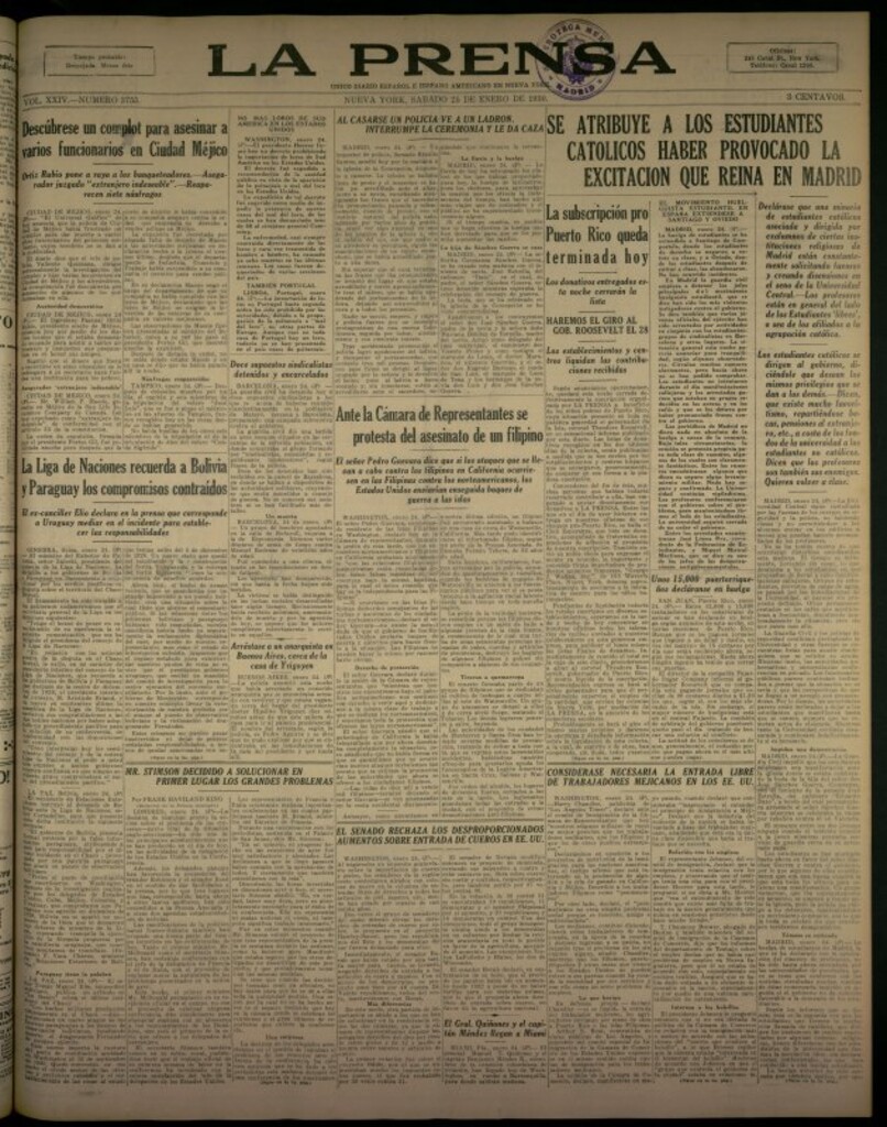 Miniatura de La Prensa: único diario español e hispano americano en Nueva York del 25 de enero de 1930, nº 3755