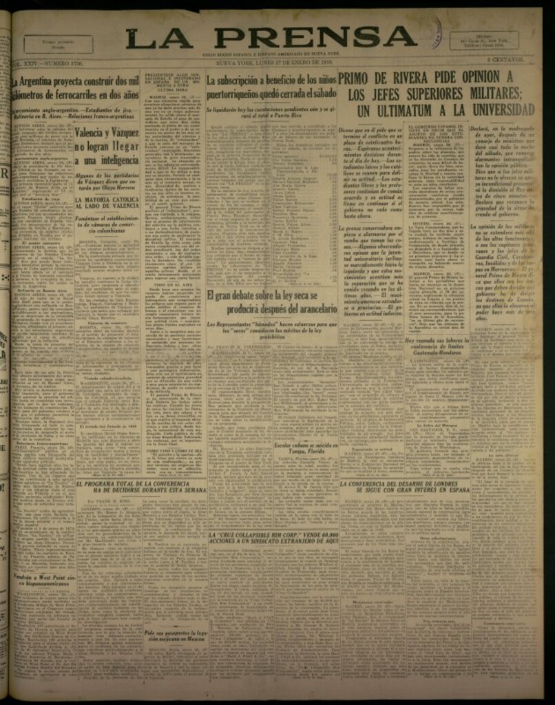 Miniatura de La Prensa: único diario español e hispano americano en Nueva York del 27 de enero de 1930, nº 3756