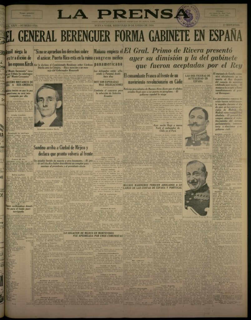 Miniatura de La Prensa: único diario español e hispano americano en Nueva York del 29 de enero de 1930, nº 3758