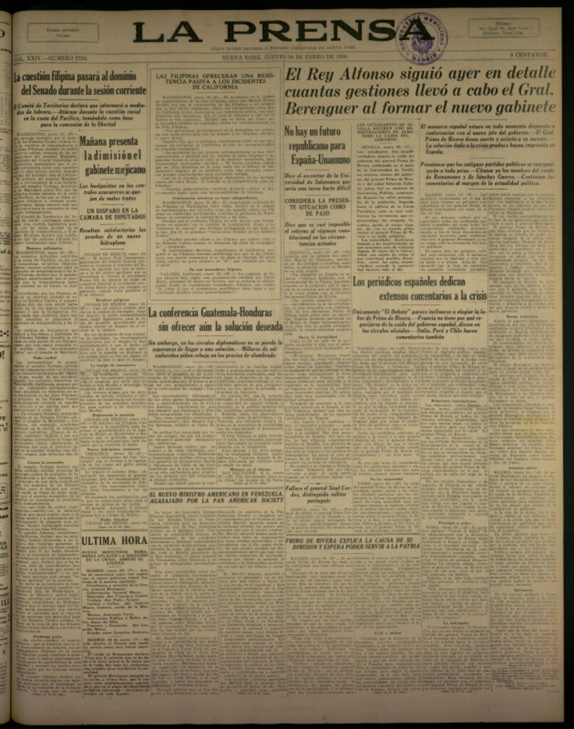 Miniatura de La Prensa: único diario español e hispano americano en Nueva York del 30 de enero de 1930, nº 3759