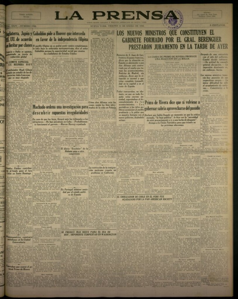Miniatura de La Prensa: único diario español e hispano americano en Nueva York del 31 de enero de 1930, nº 3760