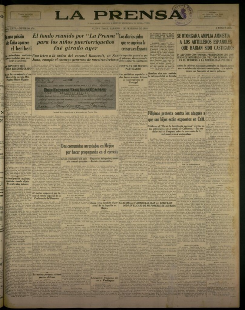 Miniatura de La Prensa: único diario español e hispano americano en Nueva YorkNew York, de 1 de febrero de 1930, nº 3761