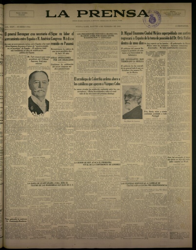 Miniatura de La Prensa: único diario español e hispano americano en Nueva York del 4 de febrero de 1930, nº 3763