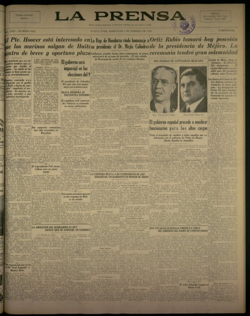 Miniatura de La Prensa: único diario español e hispano americano en Nueva York del 5 de febrero de 1930, nº 3764