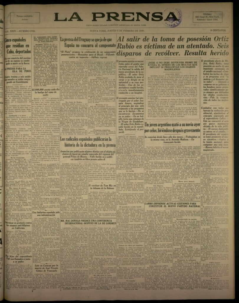 Miniatura de La Prensa: único diario español e hispano americano en Nueva York del 6 de febrero de 1930, nº 3765