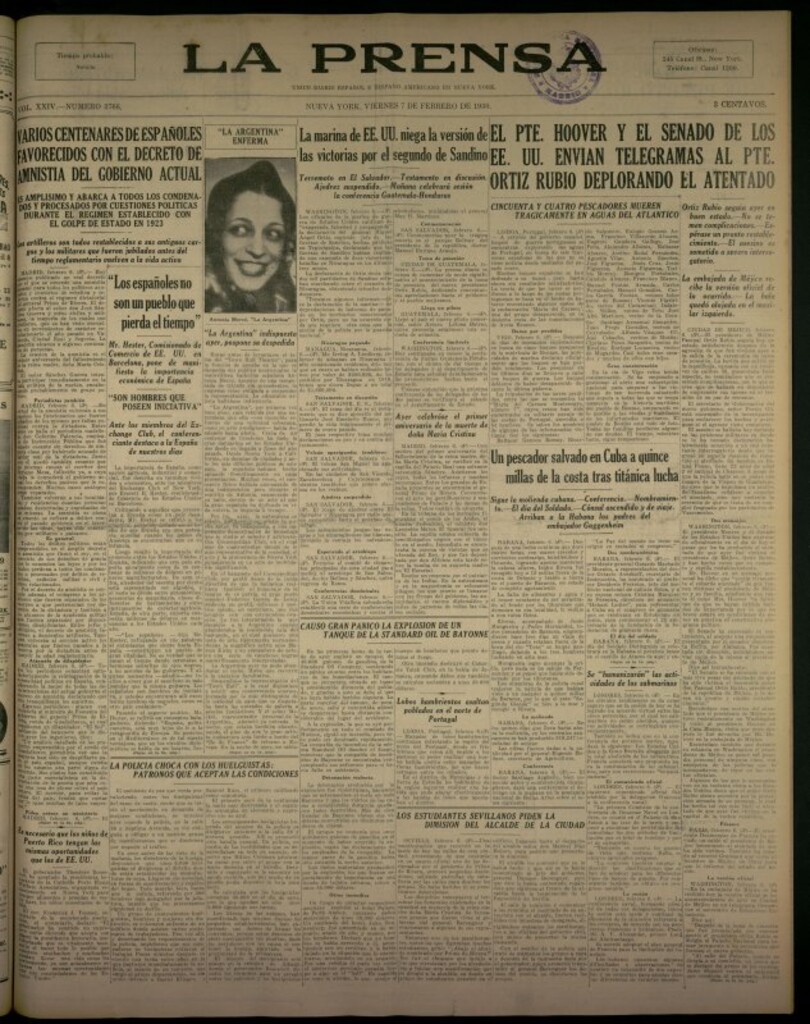 Miniatura de La Prensa: único diario español e hispano americano en Nueva York del 7 de febrero de 1930, nº 3766