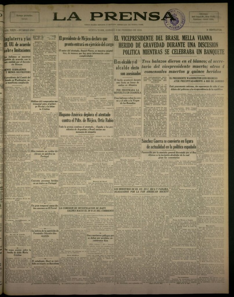 Miniatura de La Prensa: único diario español e hispano americano en Nueva York del 8 de febrero de 1930, nº 3767