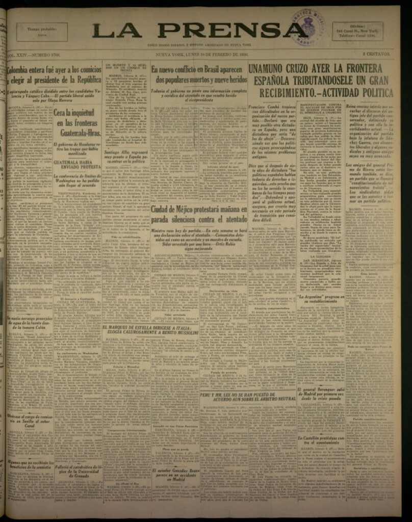 Miniatura de La Prensa: único diario español e hispano americano en Nueva York del 10 de febrero de 1930, nº 3768