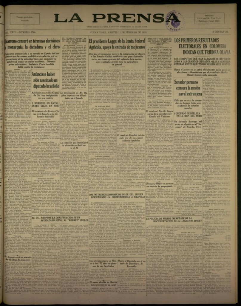 Miniatura de La Prensa: único diario español e hispano americano en Nueva York del 11 de febrero de 1930, nº 3769