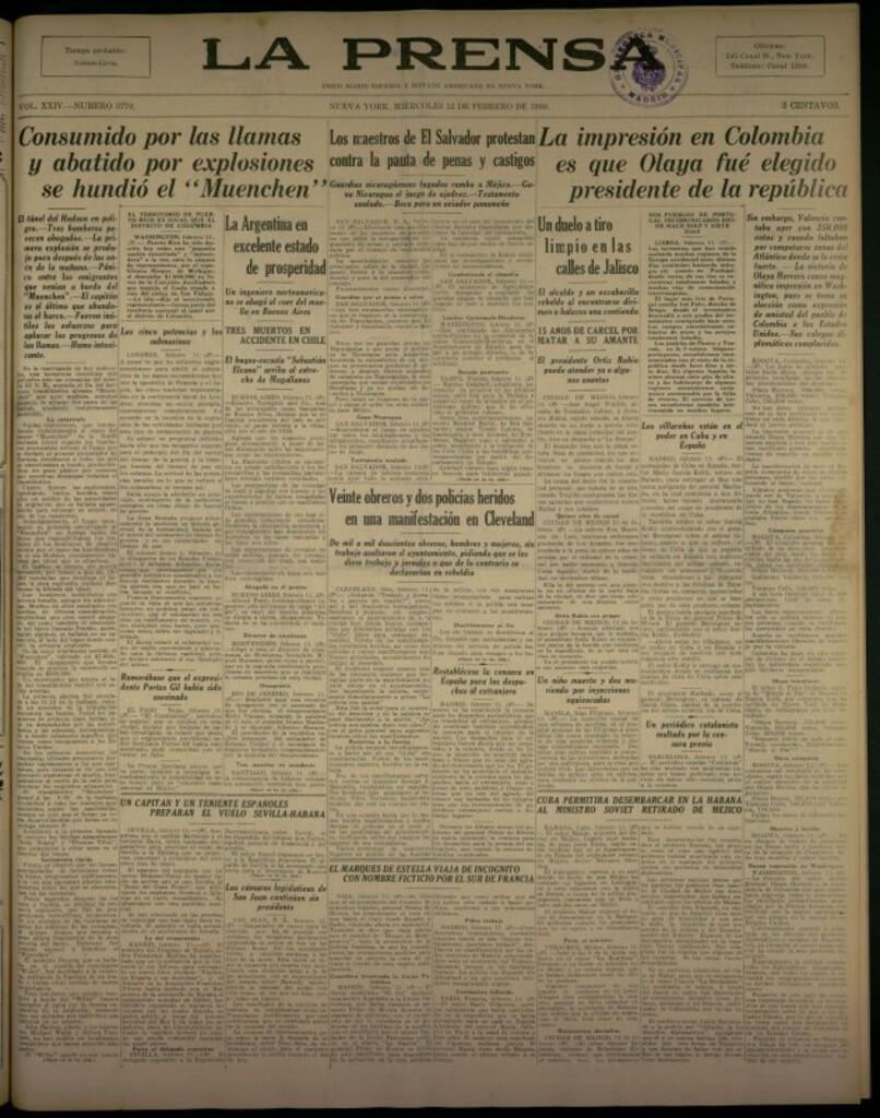 Miniatura de La Prensa: único diario español e hispano americano en Nueva York del 12 de febrero de 1930, nº 3770