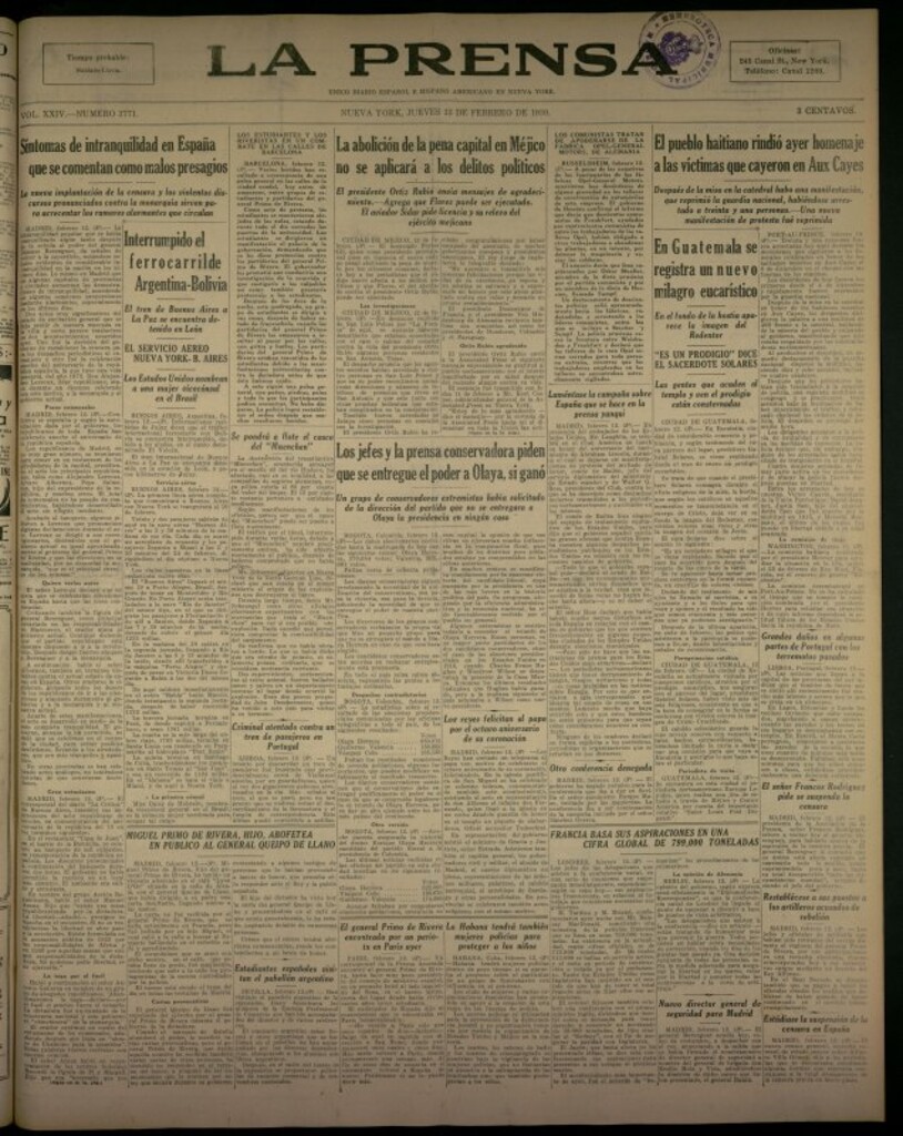 Miniatura de La Prensa: único diario español e hispano americano en Nueva York del 13 de febrero de 1930, nº 3771