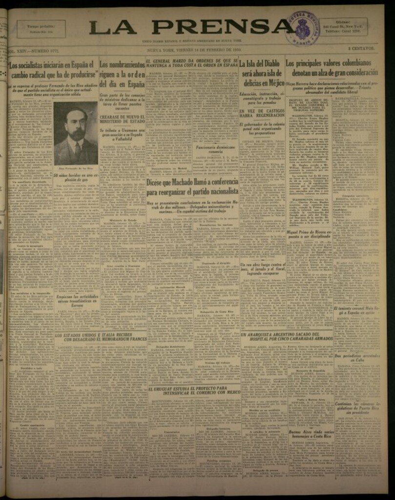Miniatura de La Prensa: único diario español e hispano americano en Nueva York del 14 de febrero de 1930, nº 3772