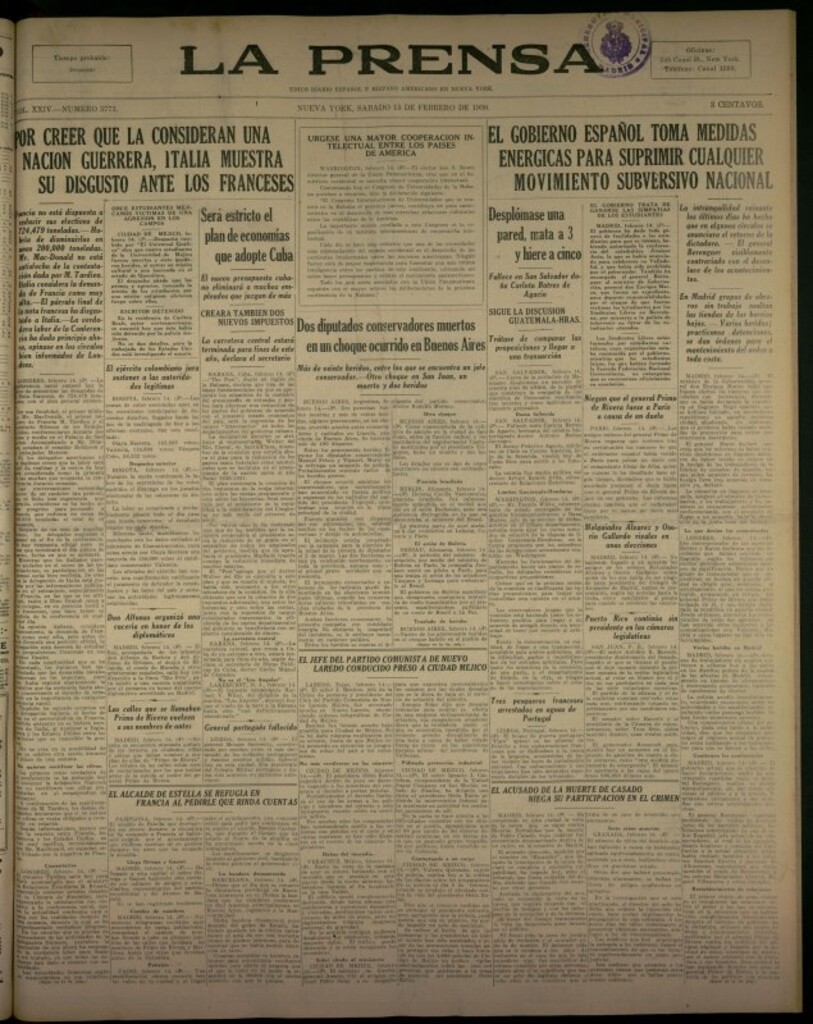 Miniatura de La Prensa: único diario español e hispano americano en Nueva York del 15 de febrero de 1930, nº 3773