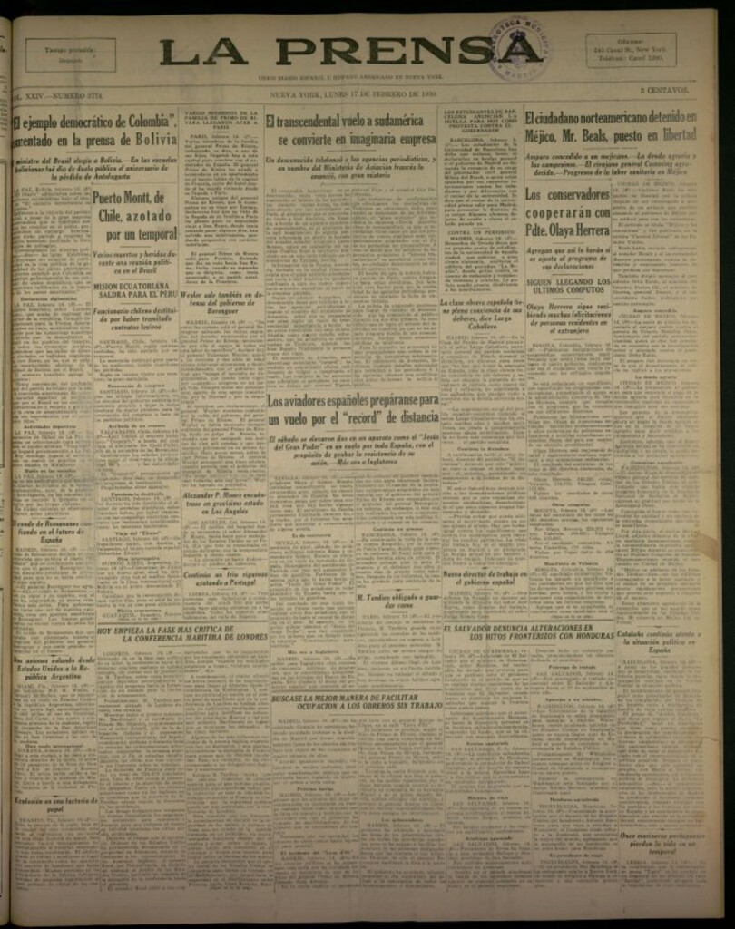 Miniatura de La Prensa: único diario español e hispano americano en Nueva York del 17 de febrero de 1930, nº 3774