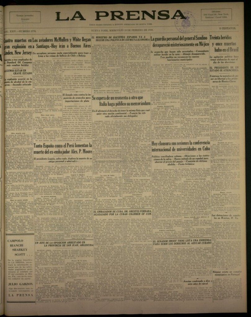 Miniatura de La Prensa: único diario español e hispano americano en Nueva York del 19 de febrero de 1930, nº 3776