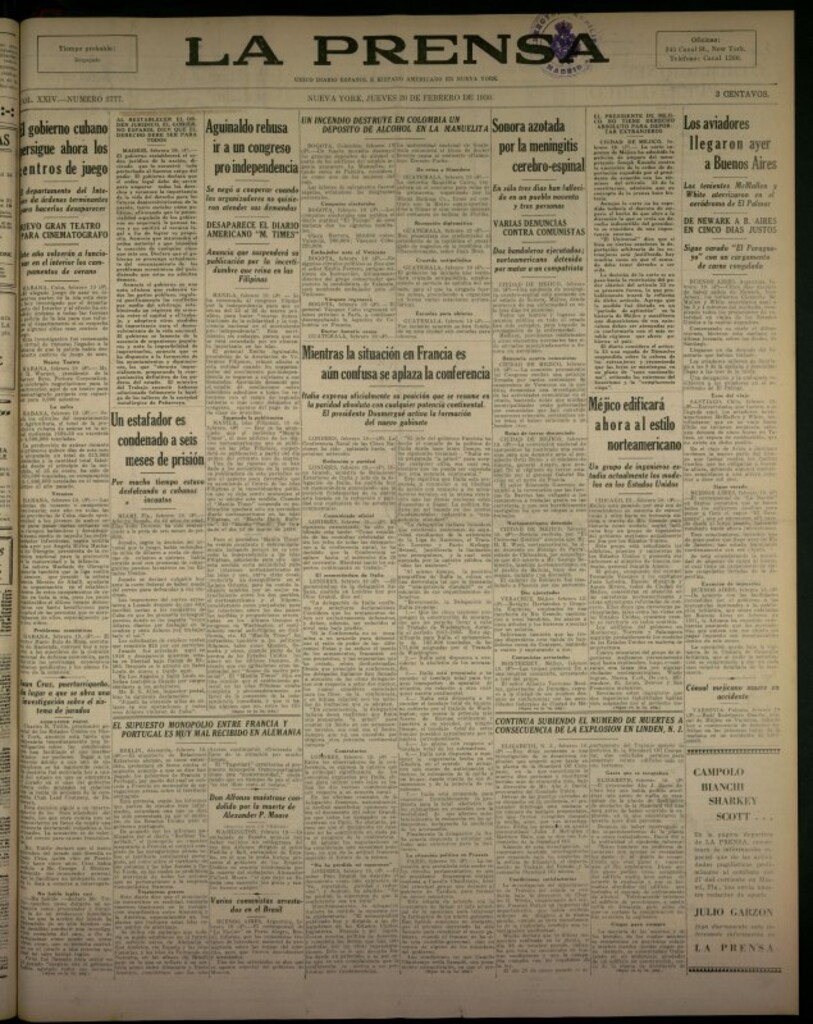 Miniatura de La Prensa: único diario español e hispano americano en Nueva York del 20 de febrero de 1930, nº 3777