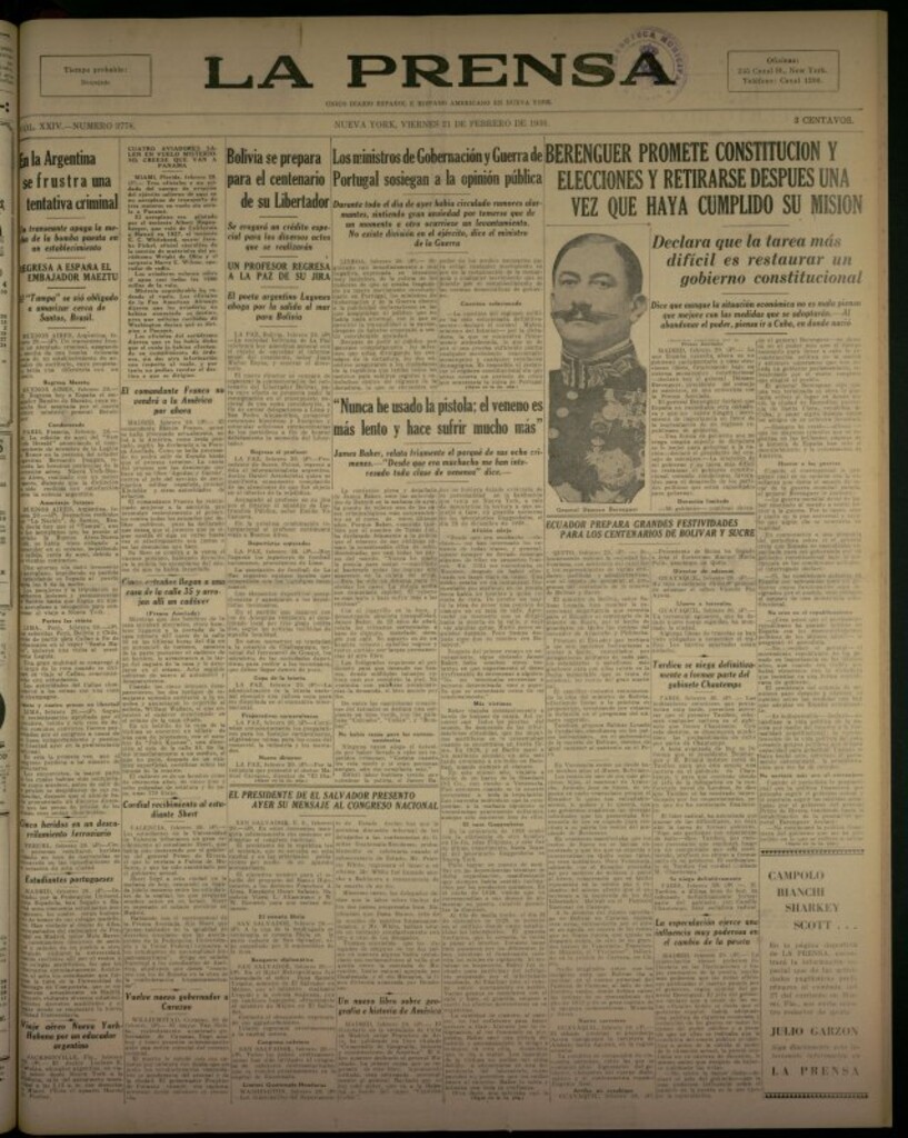 Miniatura de La Prensa: único diario español e hispano americano en Nueva York del 21 de febrero de 1930, nº 3778