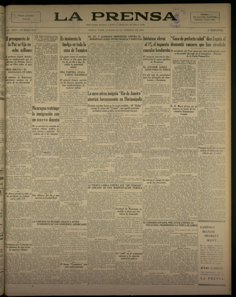 Miniatura de La Prensa: único diario español e hispano americano en Nueva York del 22 de febrero de 1930, nº 3779