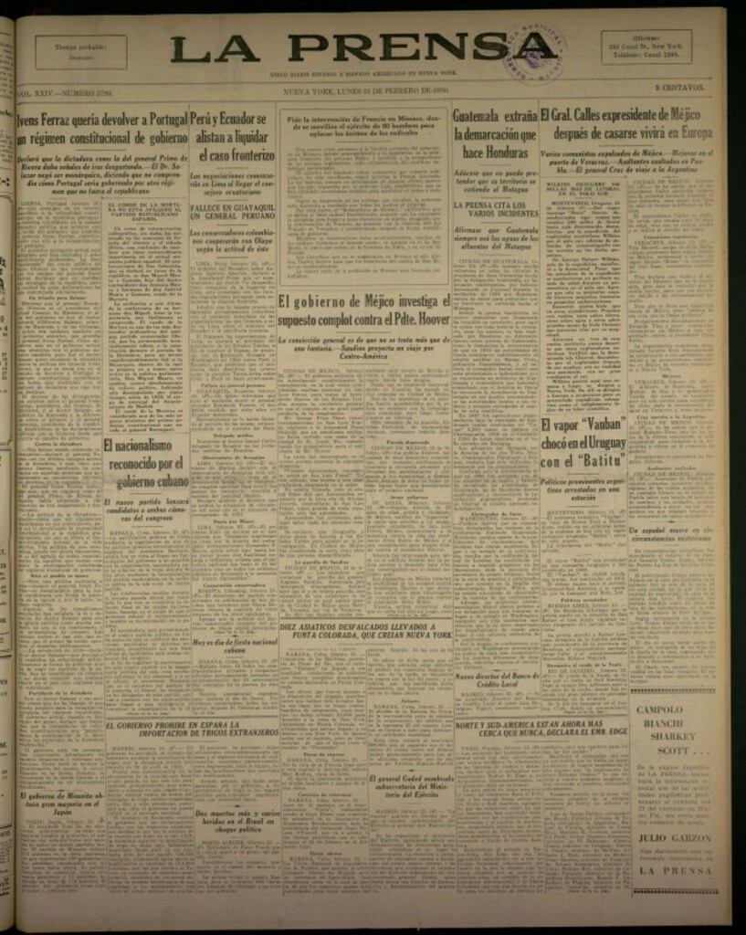 Miniatura de La Prensa: único diario español e hispano americano en Nueva York del 24 de febrero de 1930, nº 3780