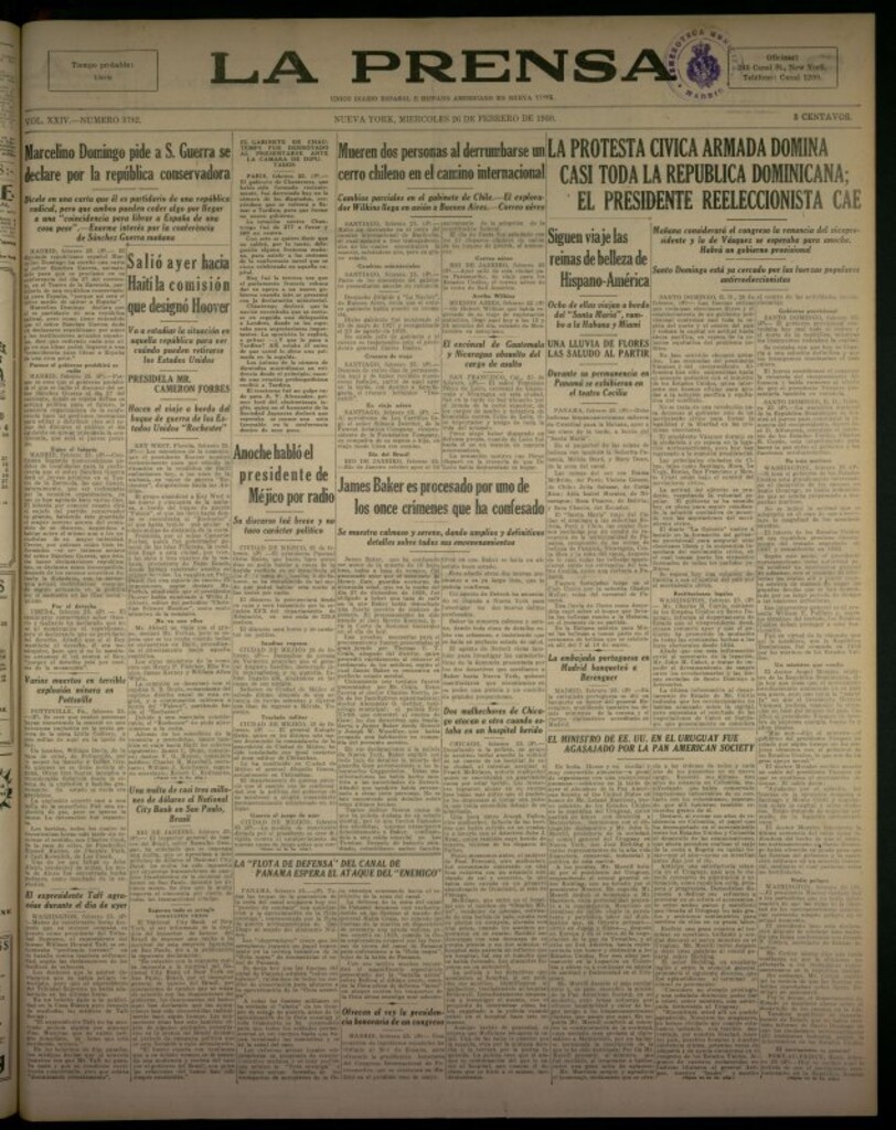 Miniatura de La Prensa: único diario español e hispano americano en Nueva York del 26 de febrero de 1930, nº 3782