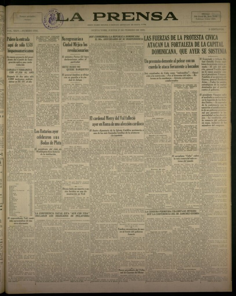 Miniatura de La Prensa: único diario español e hispano americano en Nueva York del 27 de febrero de 1930, nº 3783