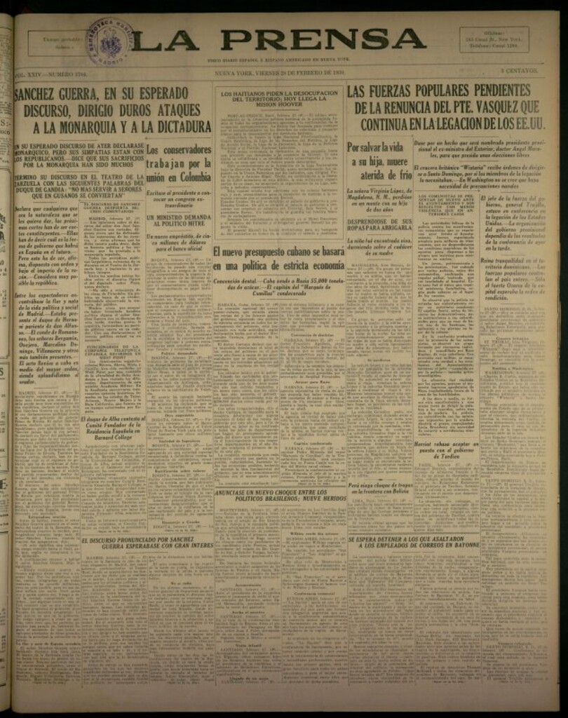 Miniatura de La Prensa: único diario español e hispano americano en Nueva York del 28 de febrero de 1930, nº 3784