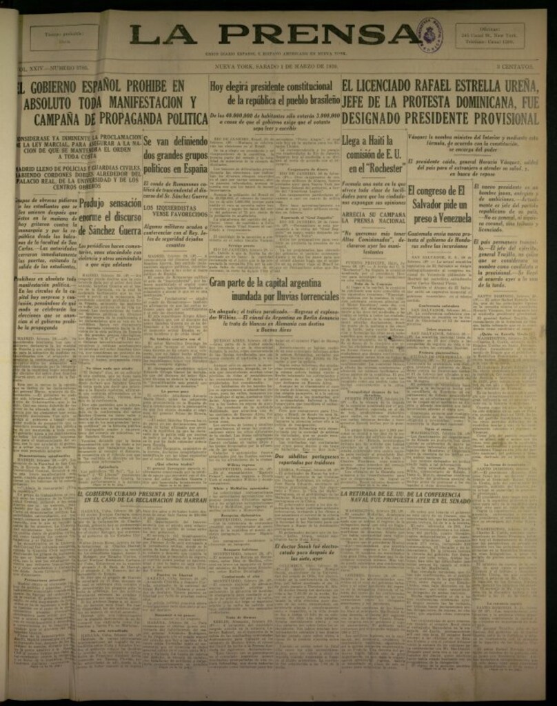 Miniatura de La Prensa: único diario español e hispano americano en Nueva York del 1 de marzo de 1930, nº 3785