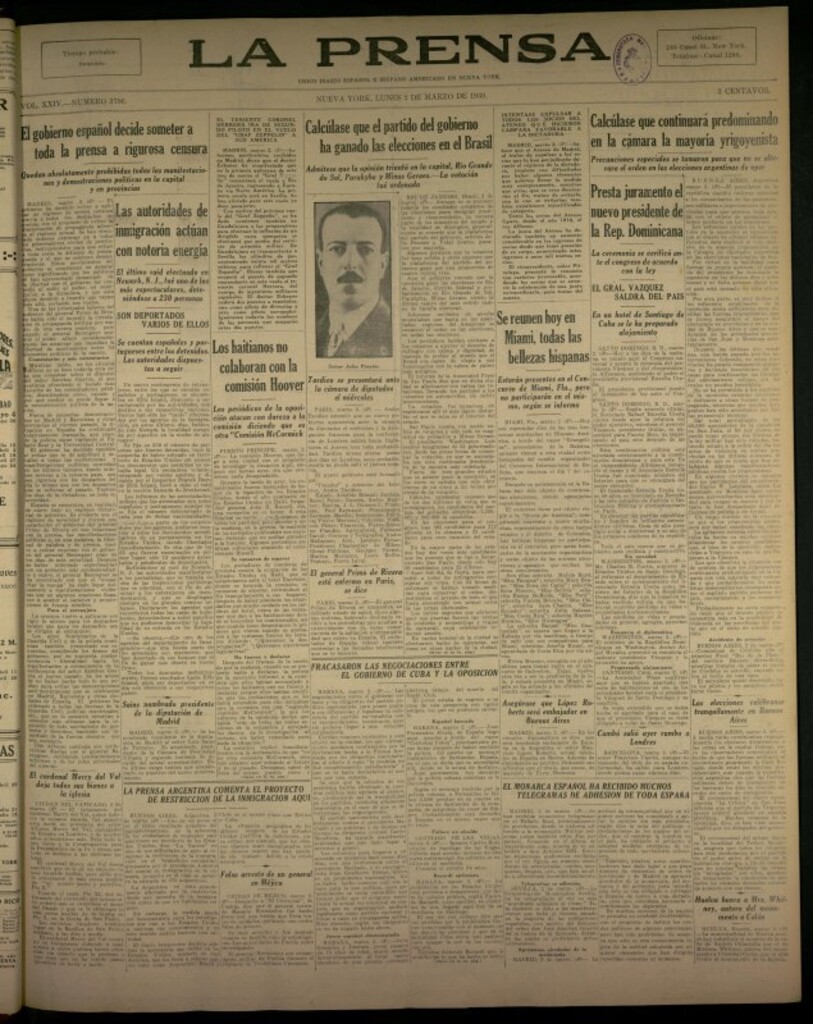 Miniatura de La Prensa: único diario español e hispano americano en Nueva York del 3 marzo de 1930, nº 3786