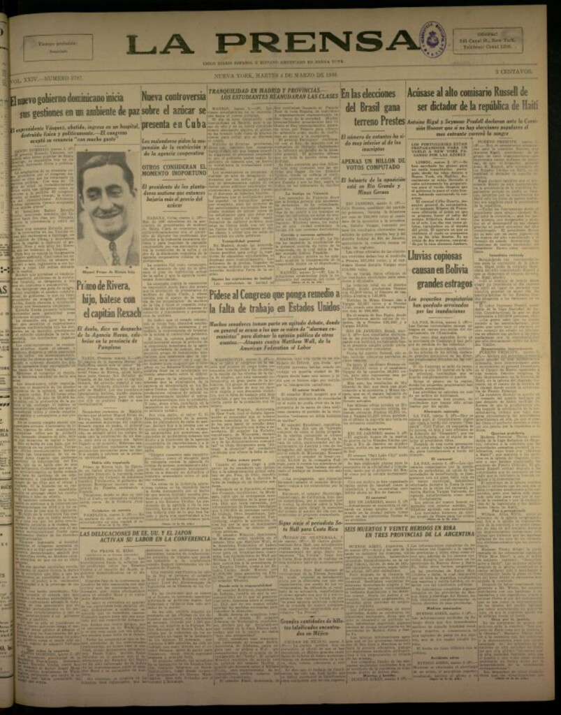 Miniatura de La Prensa: único diario español e hispano americano en Nueva York del 4 de marzo de 1930, nº 3787